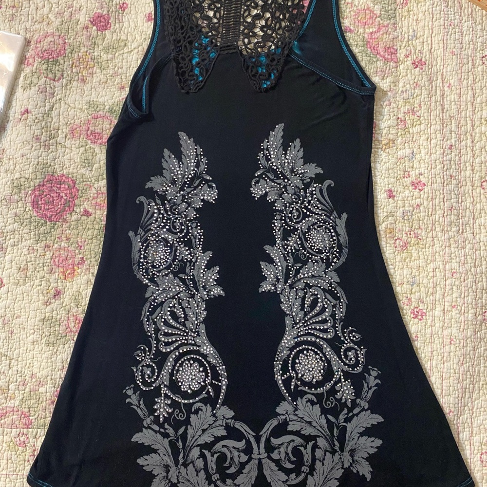 Doral Women’s Tunic CROSS Rhinestones Floral Angel Wings blk/Turquoise Large - Picture 2 of 7